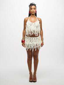 SUMWON WOMEN Crochet Fringe Festival Beach Two Piece Bohemian Holiday Resort Wear Summer Boho Set