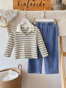 SHEIN Vintaside Kids Set de 2 piezas: Camiseta de manga larga con cuello a rayas y jeans de mezclilla casual para niño pequeño, adecuado para varias ocasiones