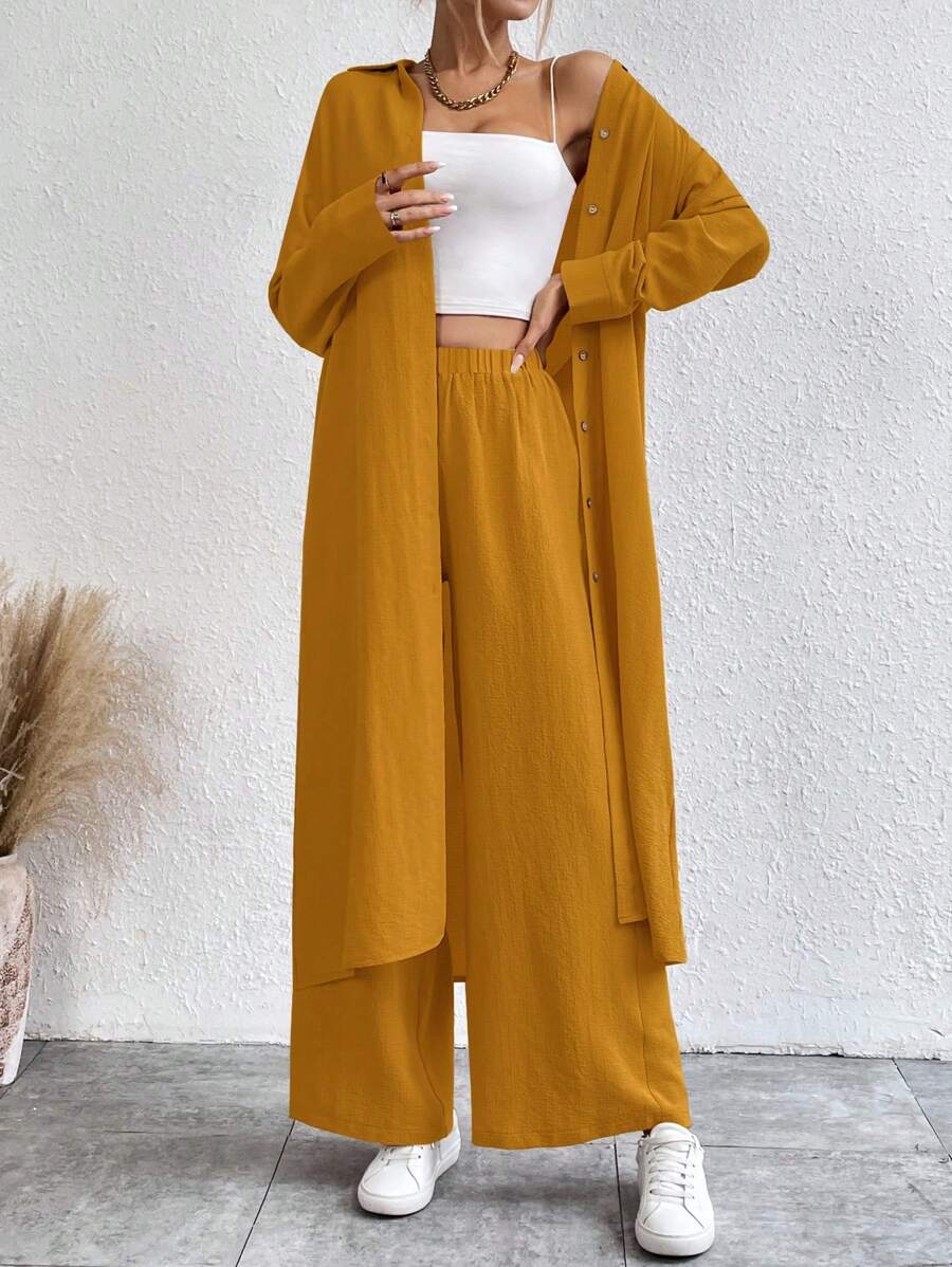 SHEIN LUNE Bộ 2 món/Bộ đồ nữ dài tay đơn hàng khuy đơn màu trơn dài tay và quần âu thường ngày - Màu vàng - Xem 1
