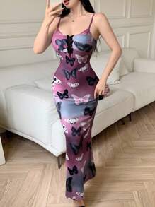 Modelyn 女士时尚渐变色蝴蝶印花无袖长裙，夏季 - 彩色 - 查看 1