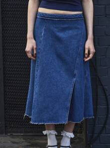 COUREZ Jupe en jean midi asymétrique avec fentes / Bas d'été mignons Y2K Streetwear Jupe d'été Vintage 100% coton - Jean brut - Voir 5