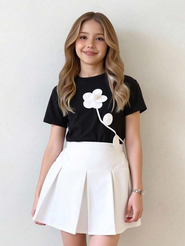 SHEIN Conjunto de blusa de manga corta con cuello redondo y decoración floral 3D talla grande falda mini de unicolor, para niñas preadolescentes elegantes