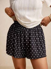 Elaquor 大码女式夏季休闲宽松波尔卡圆点印花松紧腰百褶生菜边短裤 - 黑色 - 查看 5