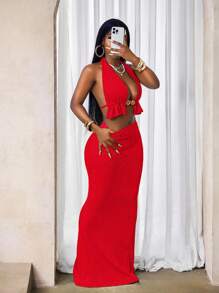 BamGleam Women Textured Metal Cutout Crop Halter Top And Mini Skirt Bodycon Sexy Set