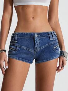 Jeanoix Women Zipper Design Tight-Fit Low Waist Denim Mini Shorts