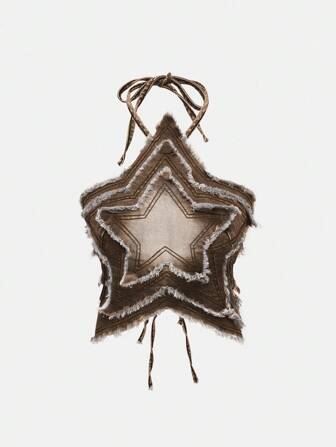 Grunge Punk Chaqueta de jean vintage desgastada con parche de estrella de cinco puntas con estilo punk de aventura al aire libre