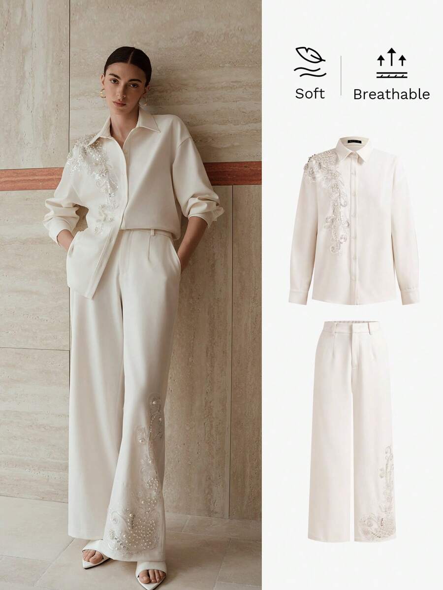 MOTF PREMIUM 2 件套女士优雅撞色亮片仿珍珠细节落肩宽松衬衫和阔腿裤套装