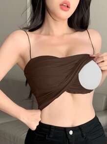 DAZY Camisole With Built-In Padding Gathered Design, Figure-Flattering Spaghetti Strap Camisole Crop Women Tops - Brown - View 3