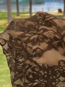 SHEIN EZwear Váy ren cao thấp cỡ lớn, thời trang, thích hợp cho buổi hòa nhạc lễ hội mùa hè - màu nâu - Xem 6