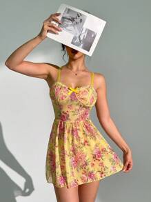 SHEIN Camisón de mujer con estampado floral y decoración de moño - Amarillo - Ver 5