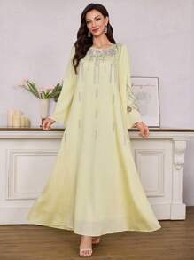 Al Najma Women's Elegant Glitter Embroidered Long Robe Kaftan Jalabiya Dress - Yellow - View 4