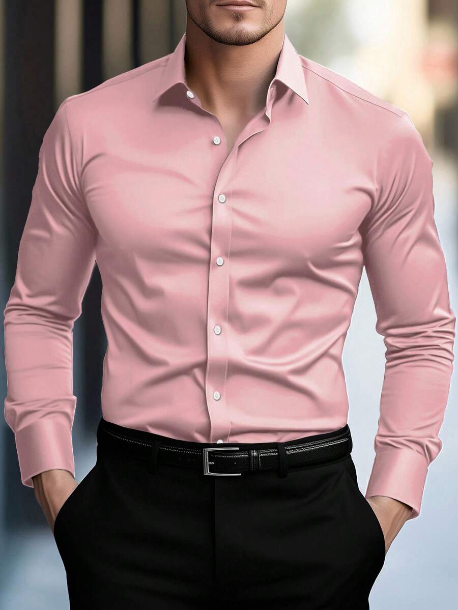 Manfinity Mode 男士休闲纯色修身长袖商务通勤正装衬衫，粉色修身衬衫，弹力衬衫，商务休闲男士衬衫，秋季男士弹力衬衫，商务衬衫，优雅男士衬衫 - 粉色 - 查看 1