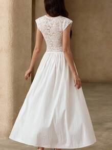 EMERY ROSE Vestido de mujer con mangas cortas, parche de encaje y estilo retro francés - Blanco - Ver 6