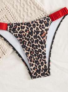 Swim Vcay Women's Leopard Print Splicing Red Trim Swimwear Set, Sexy Bikini For Island, Beach, Pool Party, Cruise, Vacation In Summer - Red - View 5