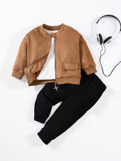 SHEIN Playful Pals Conjunto de chaqueta y pantalones cargo casuales para bebés/niños pequeños, adecuado para exteriores en otoño/invierno