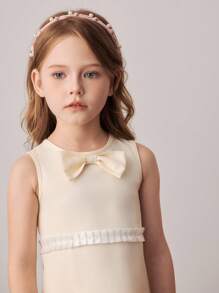 PrepCrw Young Girl Bow Decor Round Neck Elegant Sleeveless Beige Dress,Summer Traditional Wedding Special Occasion School Uniform Teen Outfits - Multicolor - View 5