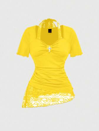 Damen Strick Patchwork Spitzen Asymmetrischer Saum Spitzen Besatz Trägershirt mit Krawattendetail in der Taille