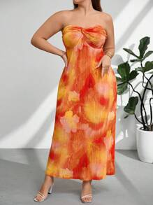 Firerie Vestido de mujer de talla grande de estilo elegante y casual, perfecto para vacaciones, días soleados, citas románticas. Vestido con parte superior tipo tubo, detalle de nudo frontal, de tela suelta, con estampado de flores y teñido anudado, con volantes.