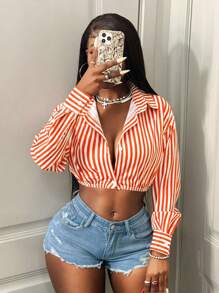 BamGleam Women Drop Shoulder Long Sleeve Red Striped Crop Top Shirt - Orange - View 5