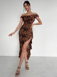 Firerie 女士优雅精致浪漫简约荷叶边露肩开衩植绒网眼长裙，适合情人节、派对、度假 - 棕色 - 查看 6