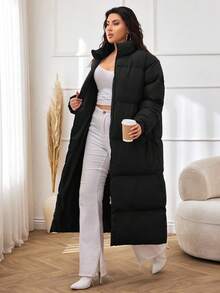 EURMUSE Women's Solid Color Stand Collar Long Warm Padded Coat, Winter Outwear, Plus Size - Black - View 4