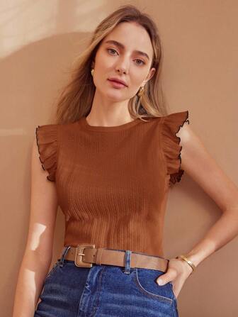 MOTF PREMIUM SOLID TEXTURED CONTRAST STITCH RUFFLE ARMHOLE TEE