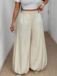 Maweii Women Plus Size Solid Color Elastic Waist Wide Leg Loose Harem Pants - Apricot - View 1