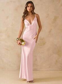 SHEIN BAE 女式无袖深V领露背缎面长裙，黄色，适合度假、派对、生日、早午餐、伴娘、婚礼嘉宾，优雅 - 珊瑚粉 - 查看 3