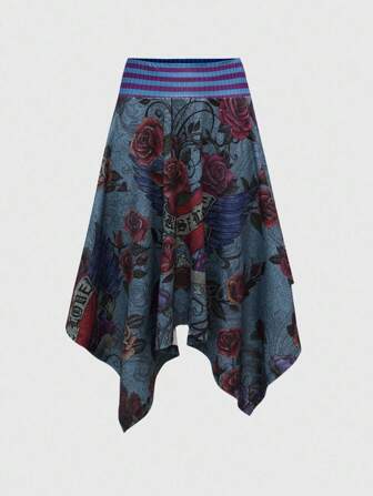 Fairycore Falda midi asimétrica de retazos con estampado floral hippie Y2K