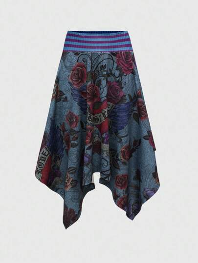 Fairycore Jupe mi-longue à ourlet asymétrique patchwork style hippie floral Y2K