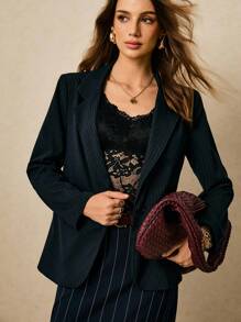 Poéselle Women's Simple Commuter Striped Lapel Single-Button Thin Blazer, Pinstripe Blazer Women, Women Pinstripe Blazer, Women Suit Jacket Autumn Winter Clothes For Women - Navy Blue - View 6