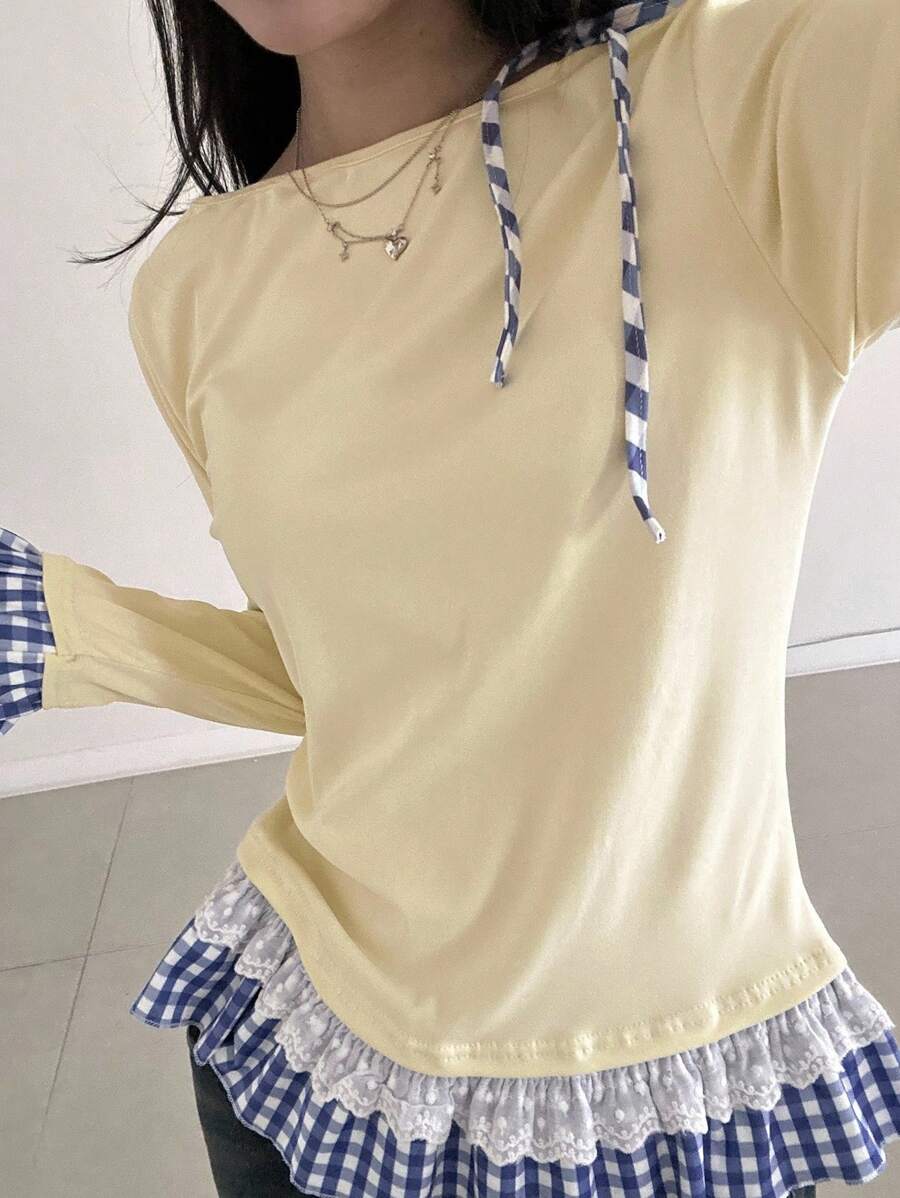 DAZY 女式格子拼接喇叭袖扭肩休闲T恤长袖女式上衣 - 黃色 - 查看 1