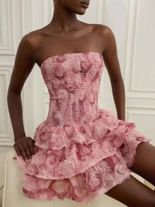 GENKIRA 时尚甜美优雅双色3D玫瑰褶皱胸围吊带无袖A字连衣裙 - 彩色 - 查看 1