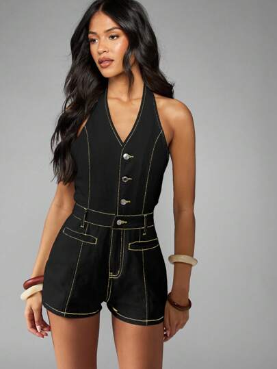 MISSGUIDED 牛仔吊带连身裤 做旧缝线 夏季节日纽扣连身裤 露背迷你长款无袖套头衫