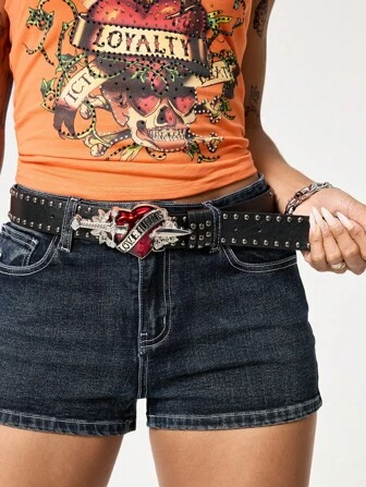 Grunge Punk 1 pieza Cinturón con hebilla con forma de corazón, estilo punk personalizado para mujer, accesorio de moda