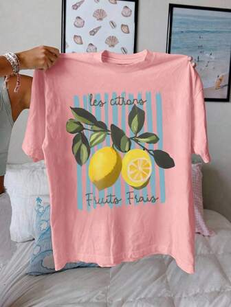 Blaue gestreifte Zitrone bedrucktes lässiges, figurbetontes kurzärmliges Damen T-Shirt