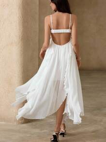 Chiquease Solid Color Chiffon Flowy Spaghetti Strap Waist Ruffled Layered Maxi Long Sleeveless Dress For Women - White - View 2