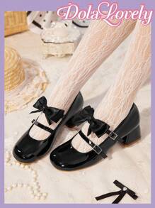 Dola Lovely Women's Bowknot Round Toe Mary Jane Shoes, Shallow Buckle Thick Heel High Heels, Fashionable Versatile White Shoes