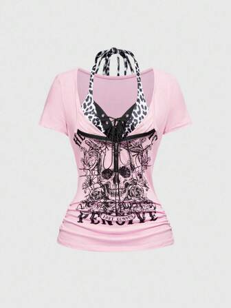 Grunge Punk Camiseta de mujer ajustada con estampado de calavera, cruz colgante y parches de estampado leopardo en 2 en 1, atuendo para conciertos/festivales