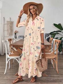 SHEIN LUNE V-Neck Printed Ruffled Hem Casual Vacation Midi Dress With Drawstring - Multicolor - View 4