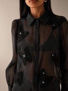 Lilora Sequin Embroidery Sheer Long Sleeve Blouse,Black Summer Elegant Night Out See-Through Shirt,Urban Hand-Cranked Butterfly Leisure Top - Black - View 6