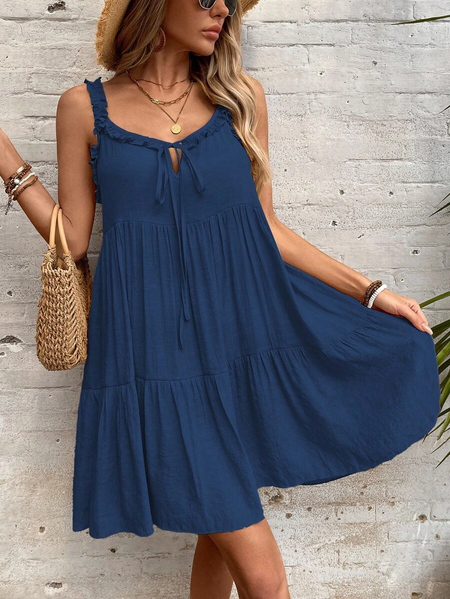 Swim Vcay Women's Summer Beach Solid Color Sleeveless Frill Trim Tie Front Cover-Up Dress - Navy Blue - View 1