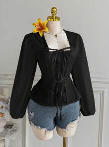 Comfortcana 春季大码女式花卉荷叶边收腰衬衫 - 黑色 - 查看 6