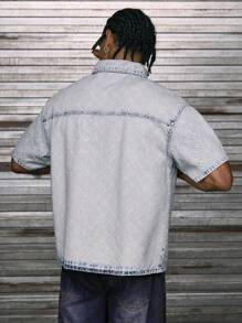 AXEPEAK 男士夏季休闲水洗前扣宽松牛仔衬衫 - 藍色 - 查看 2