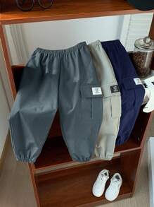 SHEIN 3 件套年轻男孩休闲运动学院街头风格宽松装饰丝带绿色、黑色和卡其色抽绳裤，适合日常穿着、上学、旅行、运动、所有季节 - 彩色 - 查看 2
