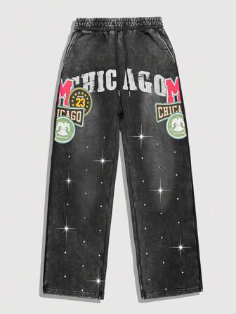 Prep Pantalon de survêtement décontracté pour homme avec taille à cordon et poches, jambes larges avec imprimé de lettre