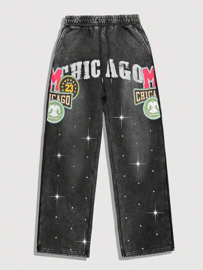 Prep Herren Lässig Sweathose mit weitem Bein, Tunnelzug Taille, Taschen und Buchstaben-Muster