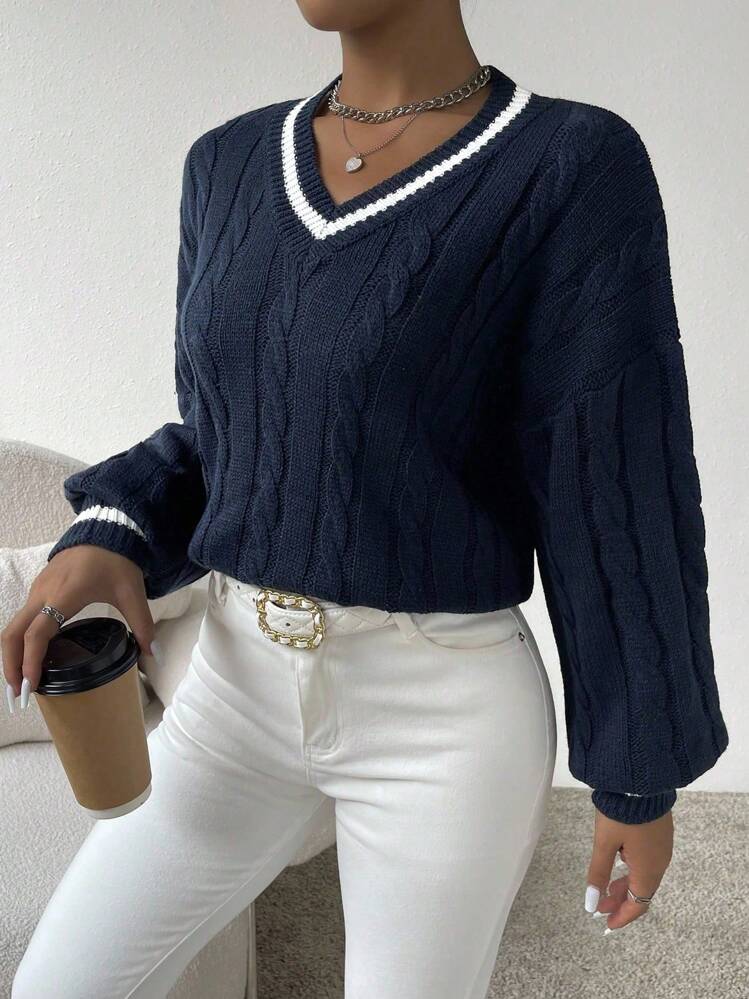 SHEIN PETITE pull à col en V à manches longues en tricot câblé avec bordure contrastée, tricot d'automne/hiver - Bleu marine - Voir 4