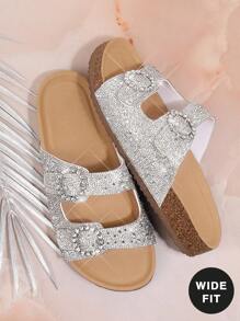 SHUZIA Wide Fit Women's Sparkling Rhinestone Double Buckle Open Toe Cork Platform Flat Glam Rhinestone Black Slides-Plus Size Comfort, Luxury,Sparkle. - Metallic Silver - View 6