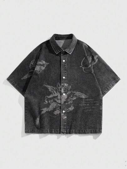 Street Life Men's Angel Print Button-Up Denim Shirt For Summer